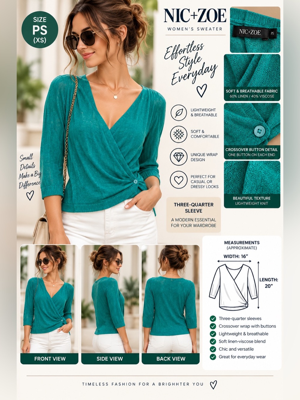 NIC+ZOE Women’s Teal Wrap V-Neck Knit Sweater 3/4 Sleeve Size PS